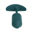 Front view of a small green weighted silicone butt plug with a curved t-bar at the base. 