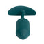 Front view of a medium green weighted silicone butt plug with a curved t-bar at the base. 