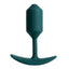 A medium green weighted silicone easy-insert torpedo shaped small butt plug stands against a white backdrop. 