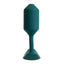 A medium green weighted silicone butt plug with a flexible narrow neck stands against a white backdrop. 