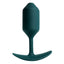 A large green weighted silicone easy-insert torpedo shaped small butt plug stands against a white backdrop. 