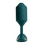 A large green weighted silicone butt plug with a flexible narrow neck stands against a white backdrop. 