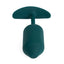 Front view of a large green weighted silicone butt plug with a curved t-bar at the base. 