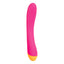 A pink warming g-spot vibrator stands on a white backdrop with a flexible ergonomically curved shaft.