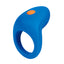 A blue vibrating silicone cock ring stands against a white backdrop with a large protruding head. 