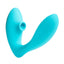 A sky blue clitoral suction g-spot vibrator sits against a white backdrop and features a clitoral suction chamber. 