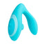 A sky blue suction g-spot vibrator stands against a white backdrop and showcases its 2 button controls. 