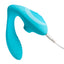 A sky blue clitoral suction g-spot vibrator showcases its charging cord attached. 