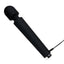 A black bulbous wand vibrator lays on a white backdrop and showcases its charging cord attached to the base. 