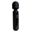 A compact black wand vibrator with a bulbous head stands against a white backdrop and features a cordless design.