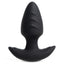 A black silicone vibrating butt plug stands against a white backdrop with a ribbed texture. 