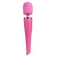 A pink cordless wand vibrator stands on a white backdrop with a shimmer finish against the matte handle.