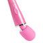 A close up of a pink cordless wand vibrator showcasing its large pleasure head with flexible neck.