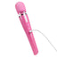 A pink cordless wand vibrator leans on a white backdrop with its magnetic charger attached to its magnetic charging points on the handle.