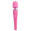 A pink cordless wand vibrator stands on a white backdrop with a three button control panel on its pink sheen handle. 