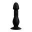 A black silicone thrusting vibrating butt plug stands on a white backdrop with a ribbed shaft.