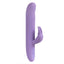 A purple g-spot stroking rabbit vibrator stands on a white backdrop and features an upturned, angled tip. 