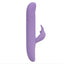 A purple rabbit g-spot vibrator stands on a white backdrop and showcases its external clitoral arm with long rabbit ears.