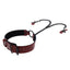 A faux leather dark red collar with two chain nipple clamps showcases its adjustable buckle in the back.