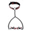 A faux dark red leather collar with two nipple clamps attached by a chain to a large O-ring in the centre of the collar. 