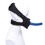 A mannequin wears a black face strap-on harness with a blue dildo coming out of the mouth hole.