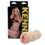 A realistic ribbed pussy stroker sits next to its box featuring blonde porn star Kenna James.