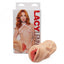 A realistic ribbed pussy stroker sits next to its box featuring red head porn star Lacy Lennon.