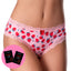 A model wears a pair of strawberry printed crotchless thongs with a satin bow next to 2 x sachets of strawberry flavoured lube. 