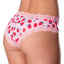 Back view of a model wearing a pair of pink strawberry printed boy shorts with pink lace trim around the edges.