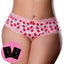 A curvy model wears a pair of pink strawberry printed crotchless boy shorts next to 2 x sachets of strawberry flavoured lube. 