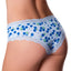 Back view of a model wearing a pair of crotchless blueberry printed boy shorts with blue lace trim around the edges.