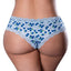 Back view of a curvy model wearing a pair of blueberry printed crotchless boy shorts with blue lace trim around the edges.