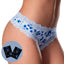 A model wears a pair of blueberry printed crotchless thongs with a satin bow next to 2 x sachets of blueberry flavoured lube. 