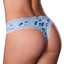 Back view of a model wearing a pair of blueberry printed crotchless thongs with blue lace trim around the edges.