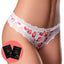 A model wears a pair of peach printed crotchless thongs with a satin bow next to 2 x sachets of peach flavoured lube. 