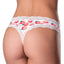 Back view of a model wearing a pair of peach printed crotchless thongs with lace trim around the edges.