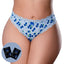 A curvy model wears a pair of crotchless blueberry print thongs with a satin bow next to 2 x sachets of blueberry flavoured lube.