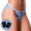 A model wears a pair of blueberry printed panties with lace trim and a satin bow next to 2 x sachets of blueberry flavoured lube. 