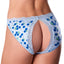 Back view of a model wearing a pair of blueberry print panties with a split-rear and crotchless opening.