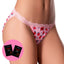 A model wears a pair of strawberry print panties with lace trim and a satin bow next to 2 x sachets of strawberry flavoured lube. 