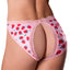 Back view of a model wearing a pair of strawberry print panties with a split-rear and crotchless opening.