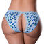 Back view of a curvy model wearing a blueberry print Crotchless Panty with a split open rear design. 