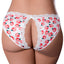 Back view of a curvy model wearing a peach print Crotchless Panty with a split open rear design. 