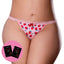 A curvy model wears a crotchless strawberry print thong with a red satin bow next to 2 sachets of strawberry flavoured lube.