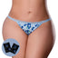 A curvy model wears a crotchless blueberry print thong with a blue satin bow next to 2 sachets of blueberry flavoured lube.