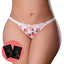 A curvy model wears a crotchless peach print thong with a satin bow next to 2 sachets of peach flavoured lube.