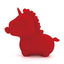 A red Unicorn shaped clitoral vibrator stands on a white backdrop with a vibrating tail.