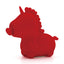 A red unicorn shaped rotating heart clitoral vibrator stands on a white backdrop with a 3D heart pad as the nose.