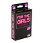 A compact travel edition card game by VR Distributions called For the Girls stands on a white backdrop in a black box. 