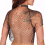 Back view of a model wearing a crochet top with a net design studded with diamantés. 